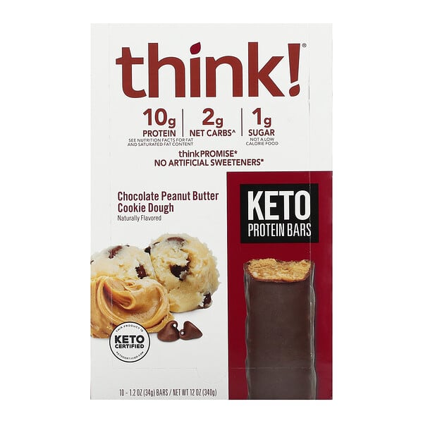 Think !, Keto Protein Bars, Chocolate Peanut Butter Cookie Dough, 10 Bars, 1.2 oz (34 g) Each