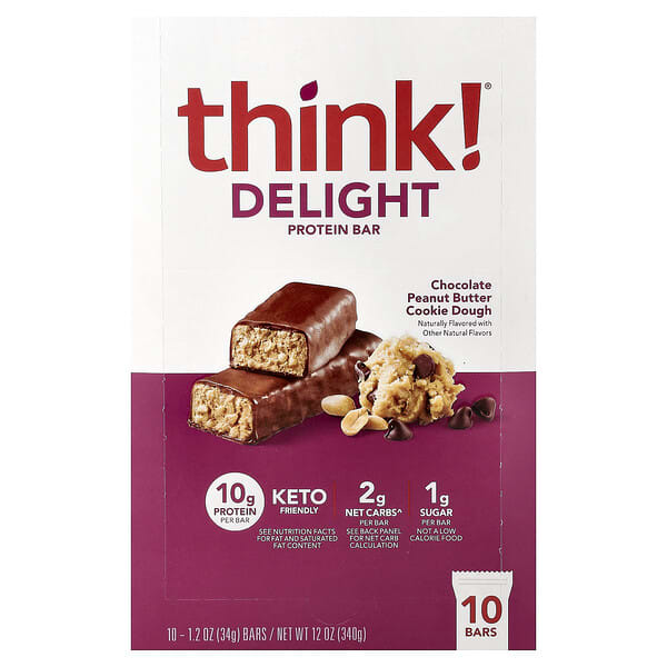 Delight Protein Bar, Chocolate Peanut Butter Cookie Dough, 10 Bars, 1.2 oz (34 g) Each