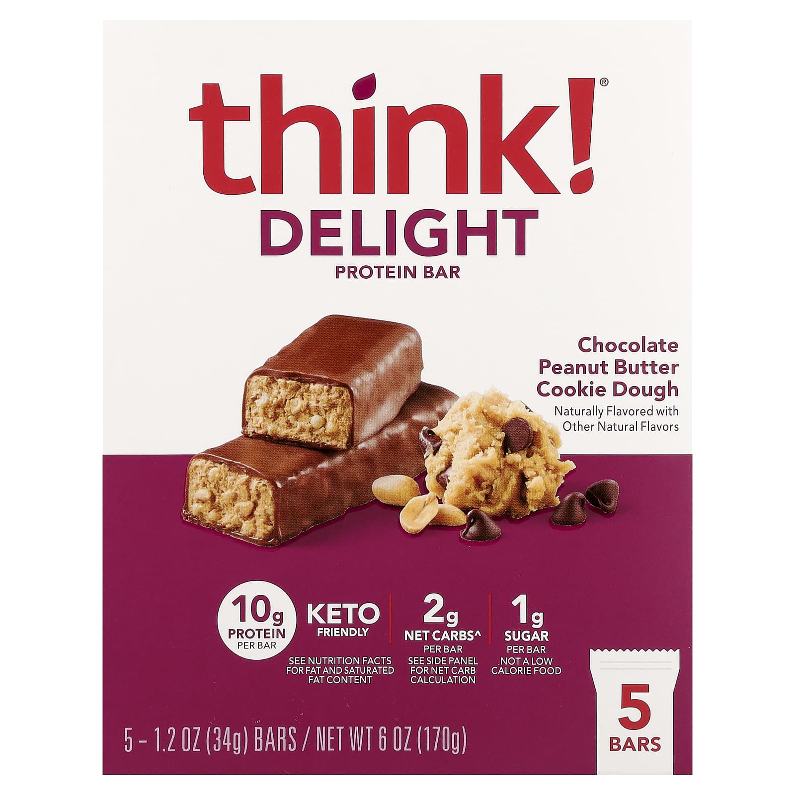 Think !, Delight протеиновый батончик, печенье с шоколадом и арахисовой пастой, 5 шт. по 34 г (1,2 унции)
