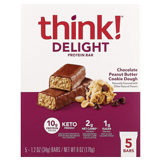 Think !, Keto proteinske pločice, tijesto za kolačiće s čokoladom i maslacem od kikirikija, 5 pločica, 34 g svaka