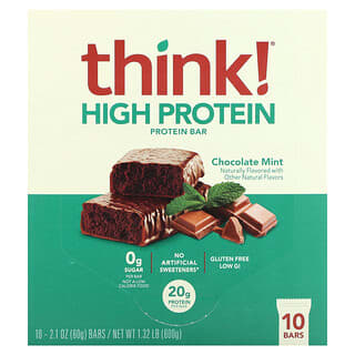 Think !, Barritas con alto contenido de proteínas, Chocolate y menta`` 10 barritas, 60 g (2,1 oz) cada una