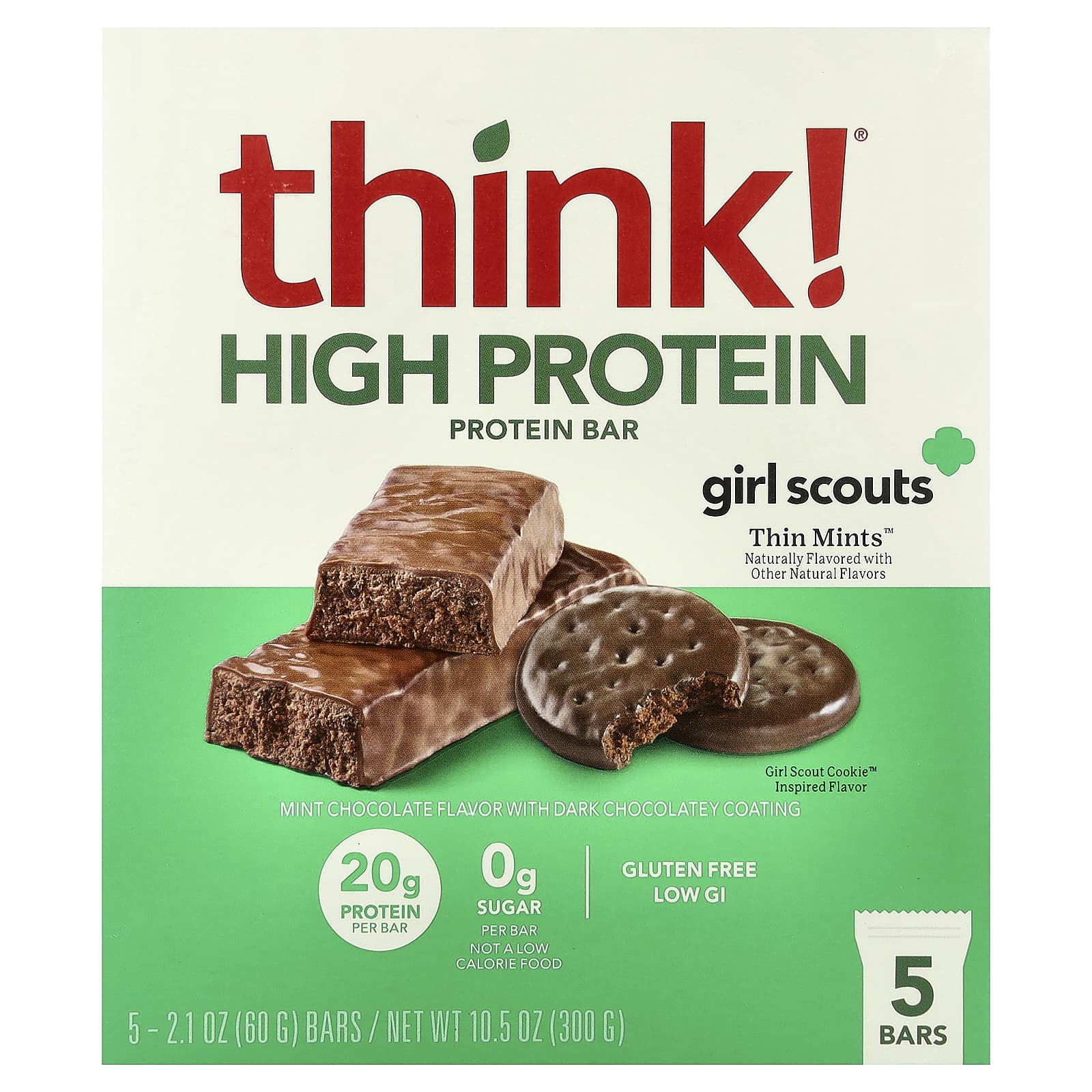 Think !, батончики с высоким содержанием протеина, Thin Mints™, 5 батончиков по 60 г (2,1 унции)