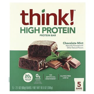 Think !, Barrette ad alto contenuto proteico, cioccolato e menta, 5 barrette, 60 g ciascuna