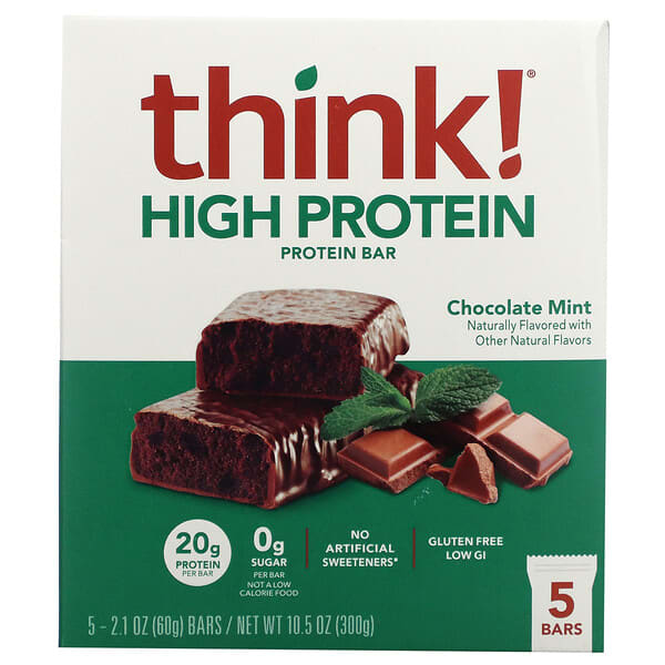 Think !, High Protein Bars, Chocolate Mint, 5 Bars, 2.1 oz (60 g) Each