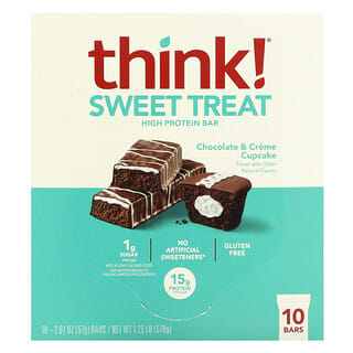Think !, Barra com Alta Proteína, Cupcake de Chocolate e Creme Sweet Treat, 10 Barras, 57 g (2,01 oz) Cada