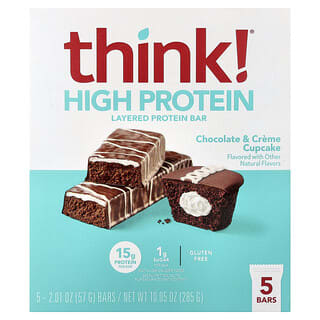 Think !, High Protein Layered Bar, Chocolate & Creme Cupcake, 5 Bars, 2.01 oz (57 g) Each