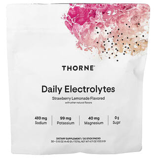 Thorne, Electrolitos diarios, Limonada de fresa, 30 sobrecitos, 4,45 g (0,16 oz) cada uno
