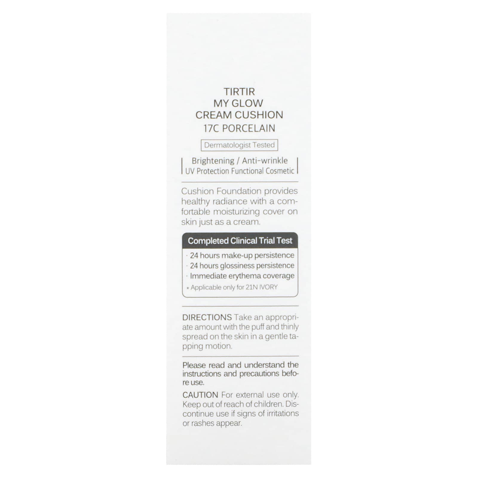 TIRTIR, My Glow Cream Cushion, SPF 30 PA++, 17C Porcelain, 0.63 oz (18 g)