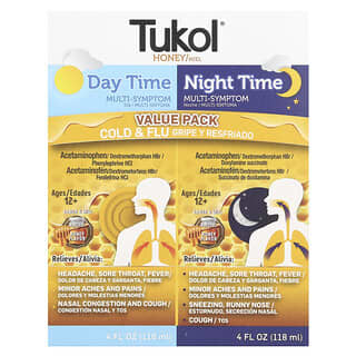 Tukol, Miel. Multi-symptômes de rhume et de grippe, Pack économique de jour et de nuit, À partir de 12 ans, Miel naturel, 2 paquets de 118 ml chacun
