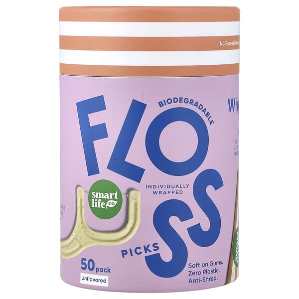 SmartLifeCo, Biodegradable Floss Picks, Unflavored, 50 Pack