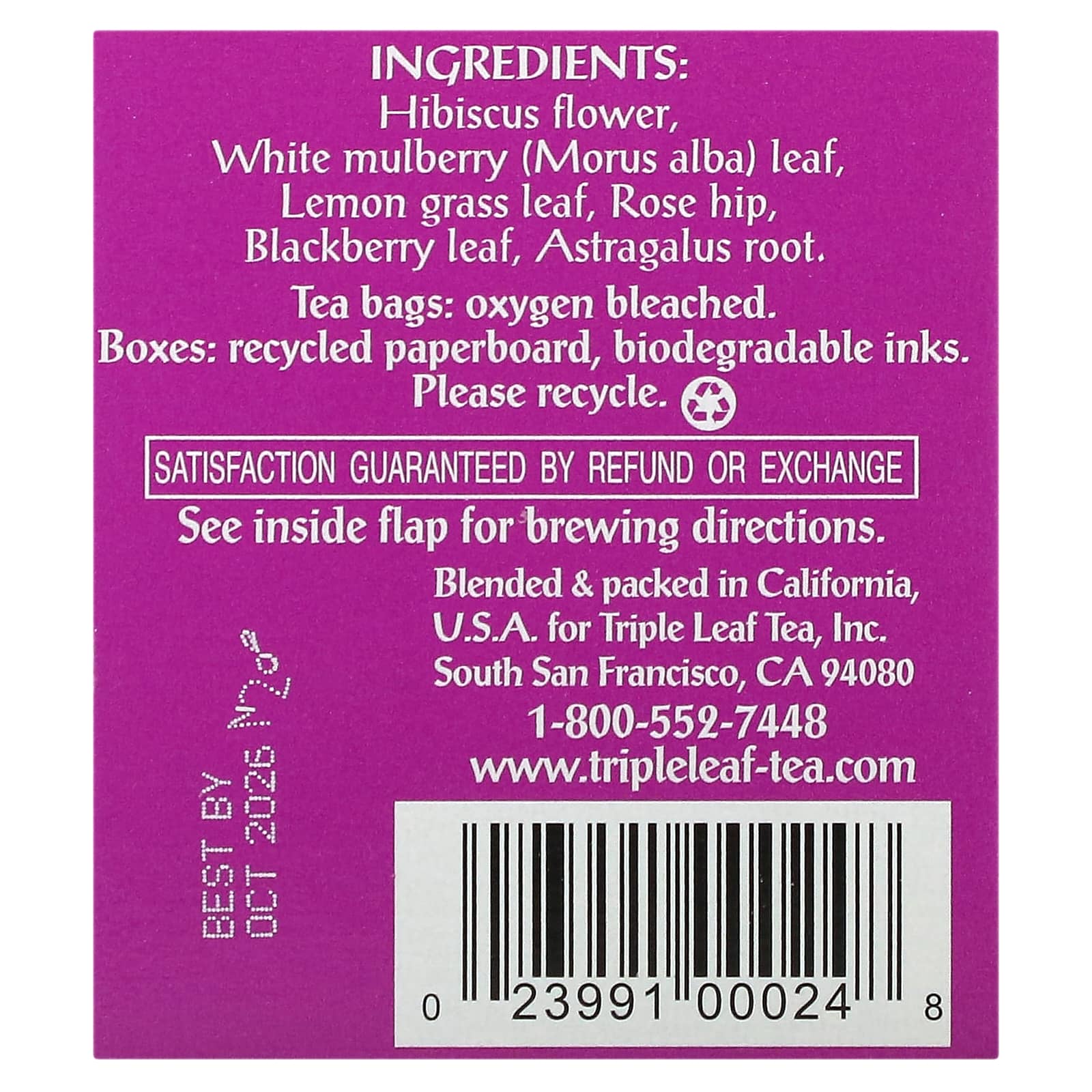 Triple Leaf Tea, Hibiscus With White Mulberry Leaf, Caffeine Free, 20