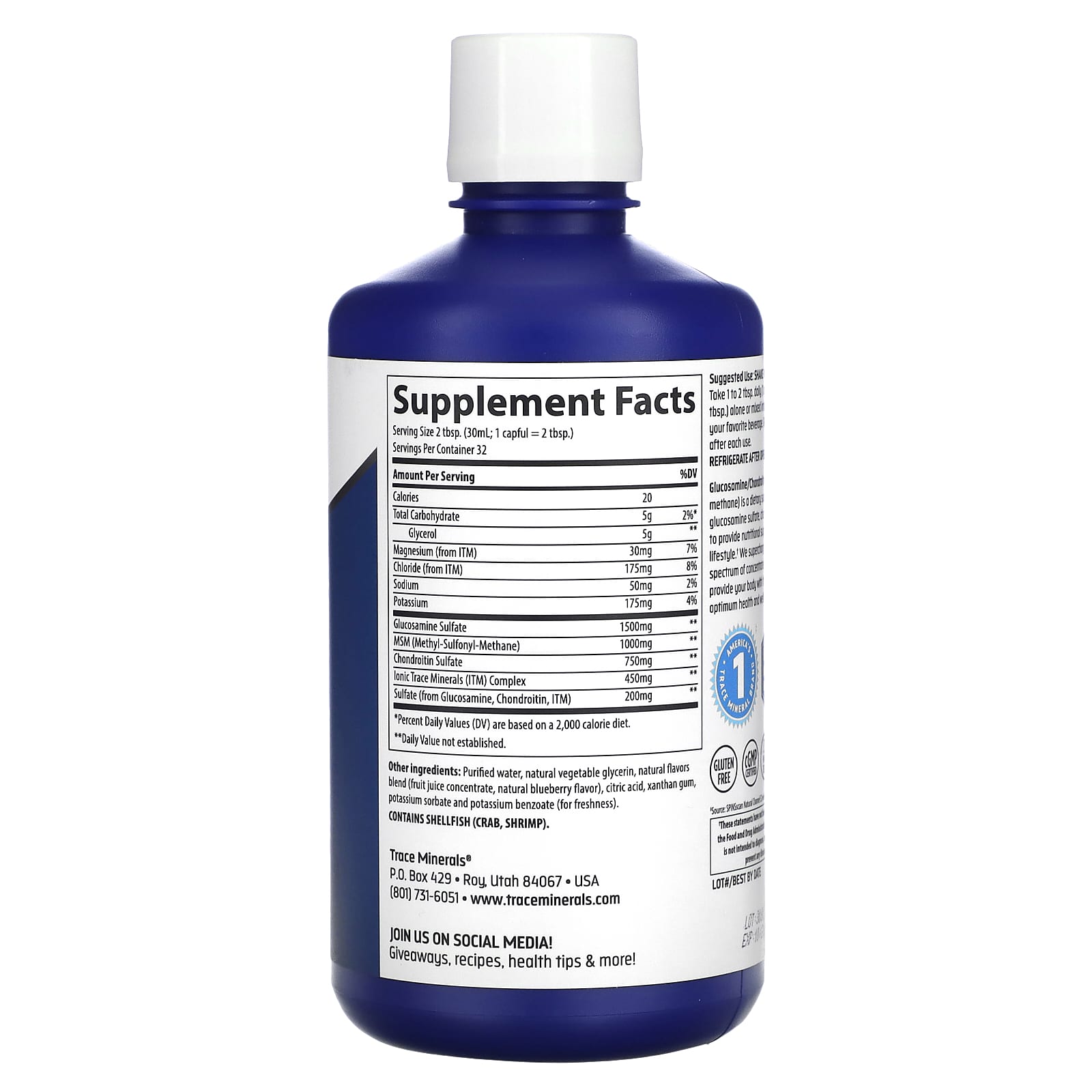 Trace Minerals ®, Liquid Glucosamine, Chondroitin, MSM, Blueberry, 32 ...