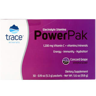 Trace Minerals ®, Electrolyte Stamina PowerPak, виноград Конкорд, 30 пакетиков. 5,3 г (0,19 унции) каждый
