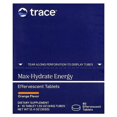 Trace, Max-Hydrate Energy Effervescent Tablets, Orange Flavor, 8-10 tablets, 1.55 oz (44 g) Tube