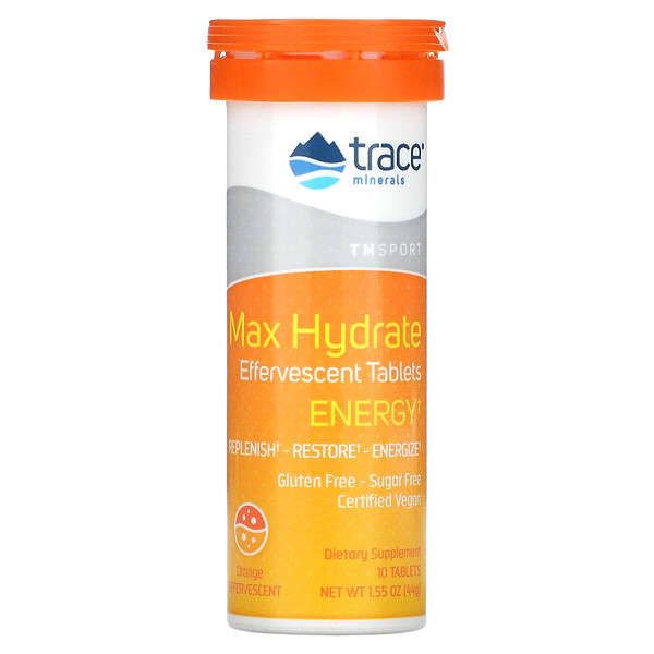 Trace Minerals ®‏, Max Hydrate Energy, Effervescent Tablets, Orange, 1.55 oz (44 g)