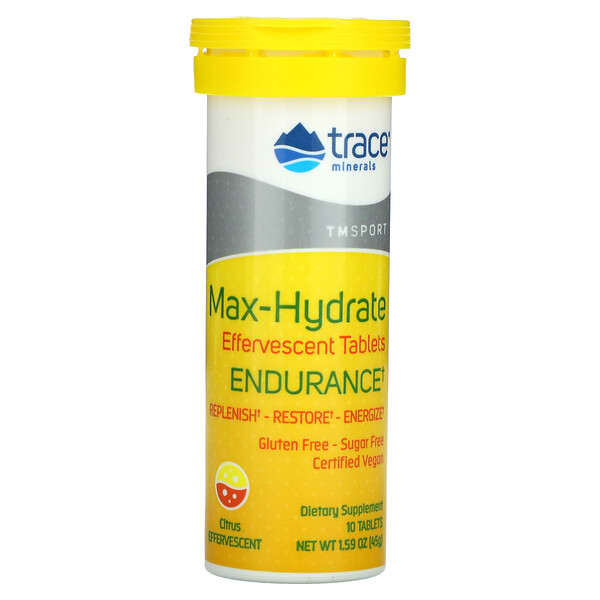 Trace Minerals ®‏, TM Sport, תוסף תזונה Max-Hydrate Endurance, טבליות תוססות, בטעם הדרים, 10 טבליות, 45 גרם (1.59 אונקיות)
