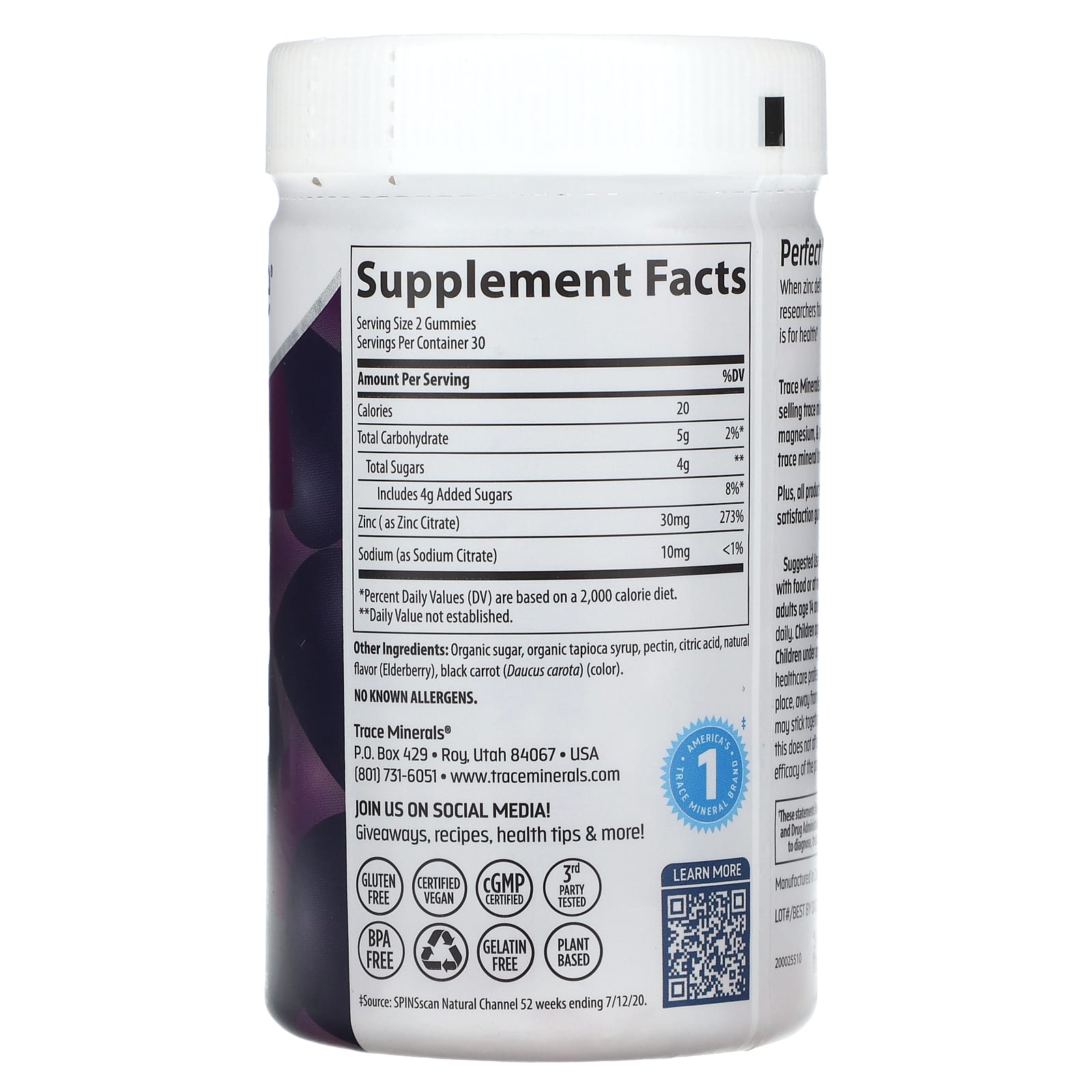 Trace Minerals ®, Zinc Gummies, Elderberry, 30 mg, 60 Gummies (15 mg