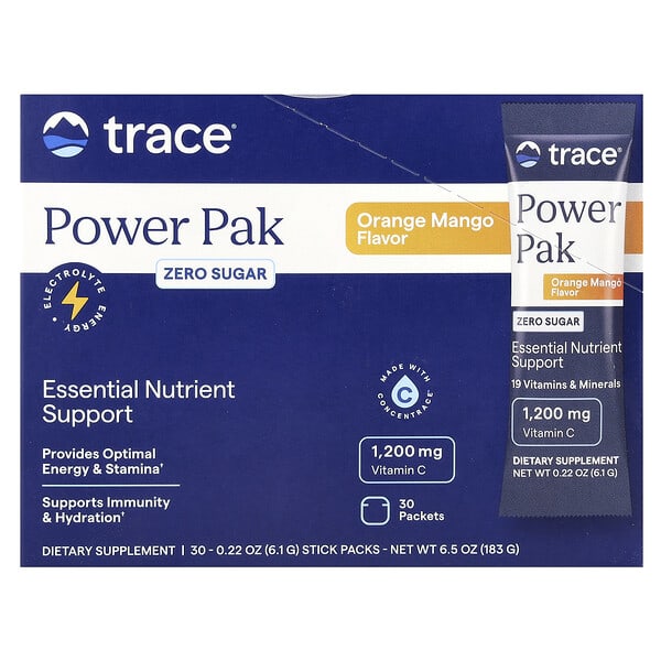 Trace Power Pak, Zero Sugar, Orange Mango, 30 Packets, 0.22 oz (6.1 g) Each
