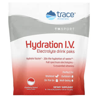 Trace Minerals ®‏, TM Sport, Hydration IV, שקיות להכנת משקה אלקטרוליטים, בטעם תות קוקוס, 16 שקיקים, 16 גרם (0.56 אונקיות) ליחידה