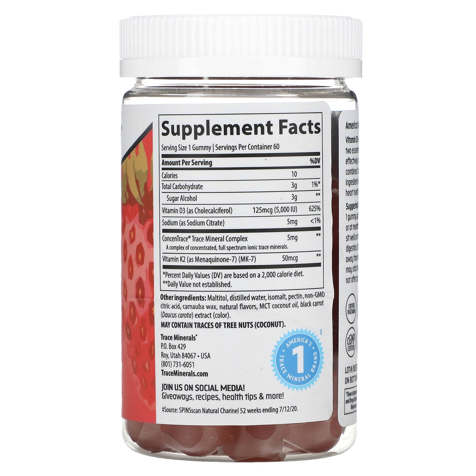 Trace Minerals ®, Vitamin D3 + K2 Gummies, Strawberry, 60 Gummies