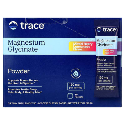 Trace, Magnesium Glycinate Powder, Mixed Berry Lemonade, 30 Bars, 0.11 oz (3 g) Each