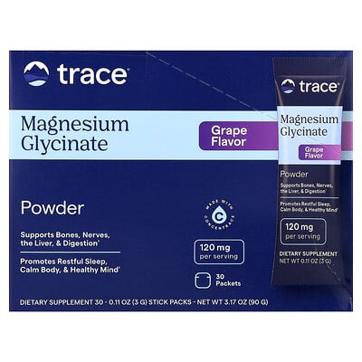 Trace, Magnesium Glycinate Powder, Grape Flavor, 30 Packets, 0.11 oz (3 g) Each
