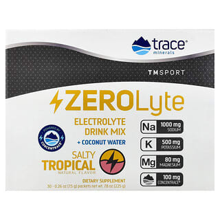 Trace, TM Sport, Mezcla para preparar bebidas con electrolitos ZeroLyte y agua de coco, Tropical salado, 30 sobres, 7,5 g (0,26 oz) cada uno