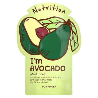 Tony Moly, I'm Avocado, Mascarilla de belleza nutricional en lámina, 1 lámina, 21 g (0,74 oz)