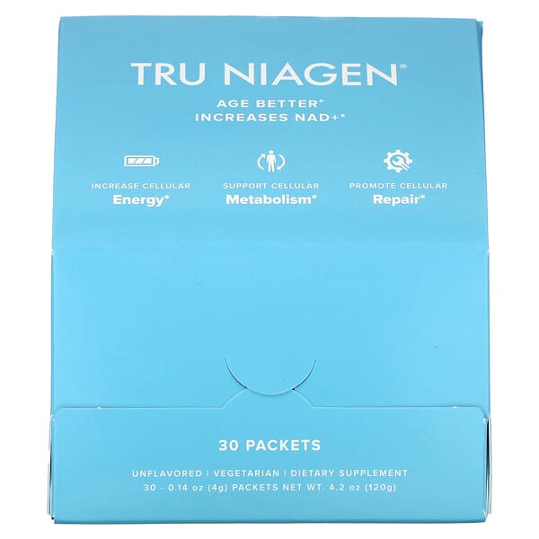 Tru Niagen, ผลิตภัณฑ์เพิ่ม NAD+ นิโคตินาไมด์ไรโบไซด์ ไม่แต่งกลิ่นรส บรรจุ 30 ซอง ซองละ 0.14 ออนซ์ (4 ก.)