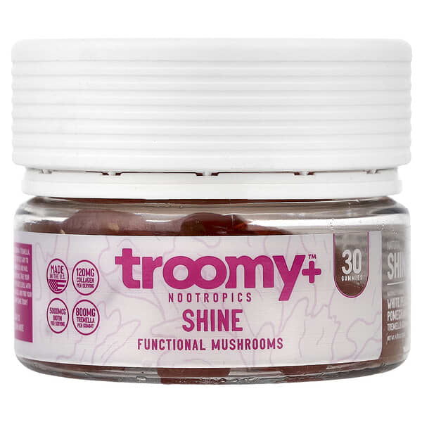 Troomy Nootropics Shine, Functional Mushrooms Gummies, White Peach Pomegranate, 30 Gummies