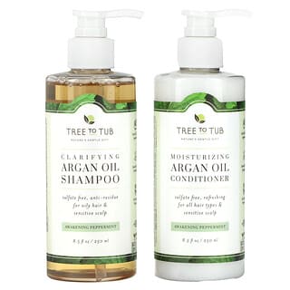 Tree To Tub, Kit de shampooing et d'après-shampooing, Huile d'argan clarifiante, Menthe poivrée vivifiante, Kit de 2 produits, 250 ml chacun
