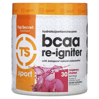 Top Secret Nutrition, Sport, BCAA Re-Igniter avec astaxanthine naturelle Astapure, sorbet à la framboise, 278 g