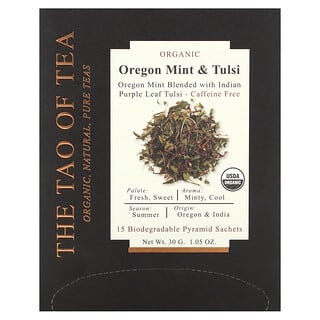 The Tao of Tea, Té orgánico de menta y tulsí de Oregón, Sin cafeína, 15 sobres piramidales, 30 g (1,05 oz)