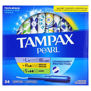 Tampax, لؤلؤي ، عبوة ثلاثية ، خفيفة / عادية / فائقة ، بدون رائحة ، 34 سدادة