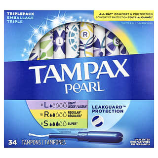 Tampax, Перла, тройна опаковка, лек/обикновен/супер, без аромат, 34 тампона