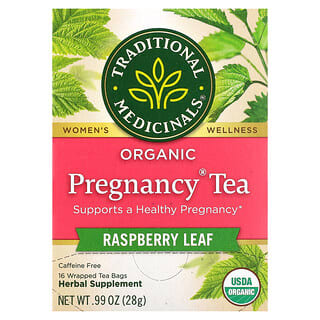 Traditional Medicinals, Pregnancy, Té orgánico para el embarazo, Hoja de frambuesa, Sin cafeína, 16 bolsitas de té envueltas, 28 g (0,99 oz)