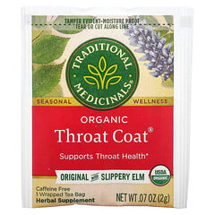 Traditional Medicinals, Organic Throat Coat, Original with Slippery Elm, Caffeine Free, 16 Wrapped Tea Bags, 0.07 oz (2 g) Each