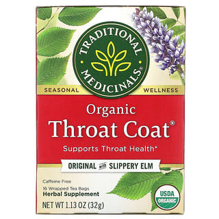 Traditional Medicinals, Organic Throat Coat, Original with Slippery Elm, Caffeine Free, 16 Wrapped Tea Bags, 1.13 oz (32 g)