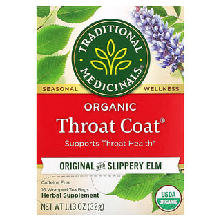 Traditional Medicinals, Throat Coat, Té orgánico, Producto original con olmo rojo, Sin cafeína, 16 bolsitas de té envueltas, 32 g (1,13 oz)