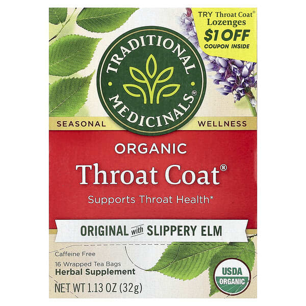 Organic Throat Coat®, Original with Slippery Elm, Caffeine Free, 16 Wrapped Tea Bags, 1.13 oz (32 g)