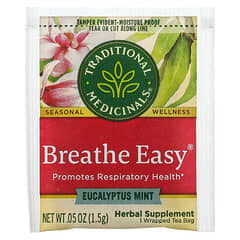 Traditional Medicinals, Breathe Easy, Suplemento herbal para la salud respiratoria, Eucalipto y menta, Sin cafeína, 16 bolsitas de té en envoltorios individuales, 24 g (0,85 oz)