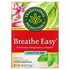 Traditional Medicinals, Breathe Easy, Suplemento herbal para la salud respiratoria, Eucalipto y menta, Sin cafeína, 16 bolsitas de té en envoltorios individuales, 24 g (0,85 oz)
