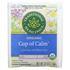 Traditional Medicinals, Cup of Calm, Suplemento herbal orgánico con efecto calmante y relajante, Lavanda y menta, Sin cafeína, 16 bolsitas de té en envoltorios individuales, 24 g (0,85 oz)