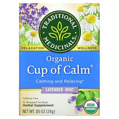 Traditional Medicinals, Cup of Calm, Suplemento herbal orgánico con efecto calmante y relajante, Lavanda y menta, Sin cafeína, 16 bolsitas de té en envoltorios individuales, 24 g (0,85 oz)