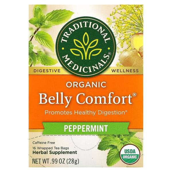 Traditional Medicinals, Organic Belly Comfort, Peppermint, Caffeine Free, 16 Wrapped Tea Bags, 0.06 oz (1.75 g) Each