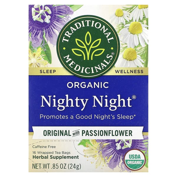 تراديشيونال ميديسينالز‏, Nighty Night العضوي، منتج أصلي مع زهرة الآلام، خالٍ من الكافيين، 16 كيس شاي مغلّف،0.85 أونصة (24 جم)