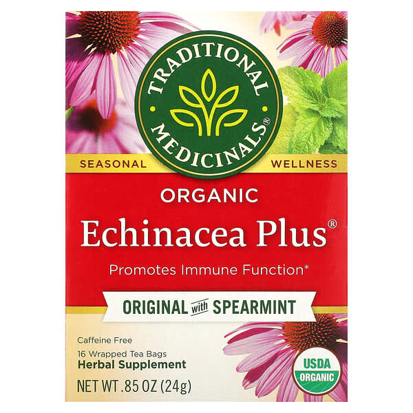 Traditional Medicinals, Echinacea Plus biologique, Original, Menthe verte, Sans caféine, 16 sachets de thé emballés, 24 g