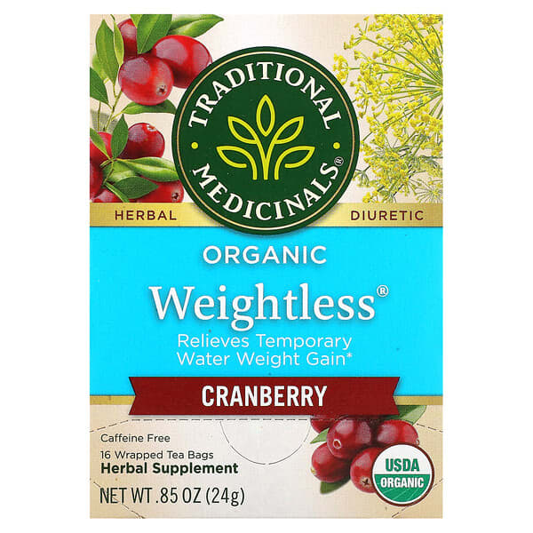 Traditional Medicinals, Organic Weightless, Cranberry, Caffeine Free, 16 Wrapped Tea Bags, 0.05 oz (1.5 g) Each