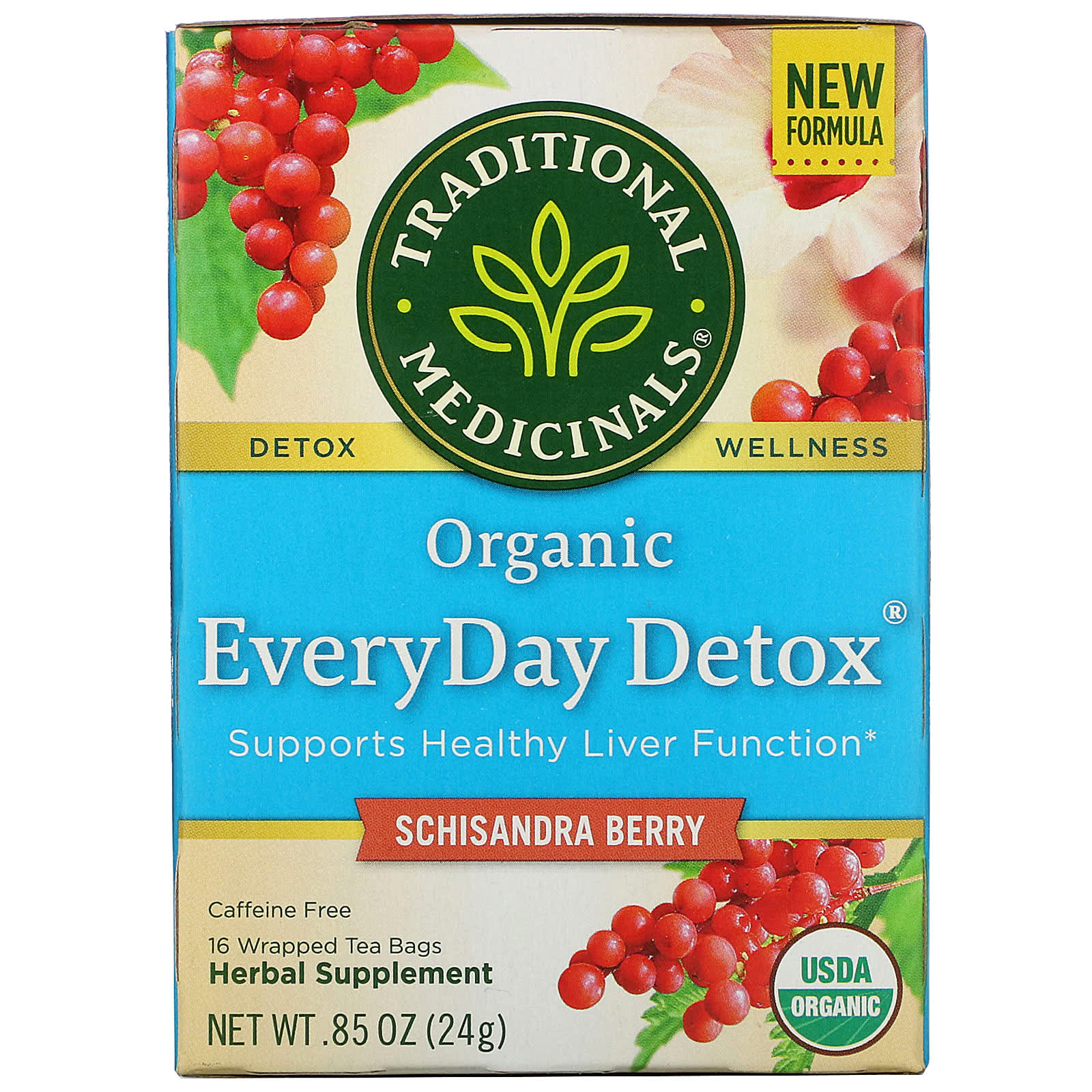 Traditional Medicinals, Organic EveryDay Detox, Caffeine Free, Schisandra  Berry, 16 Wrapped Tea Bags, .85 oz (24 g)