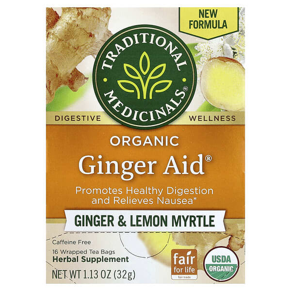 Organic Ginger Aid®, Ginger & Lemon Myrtle, Caffeine Free, 16 Wrapped Tea Bags, 1.13 oz (32 g)